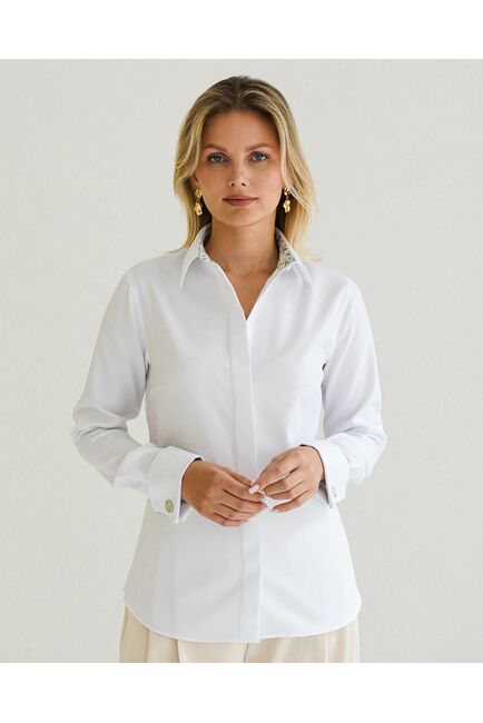 Женская рубашка из хлопка под запонку, с отделкой цветы - 8595 от byME 