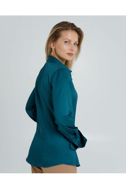Женская рубашка приталенная под пуговицы в бутылочном цвете из хлопка сатинового плетения - 8603 от byME 