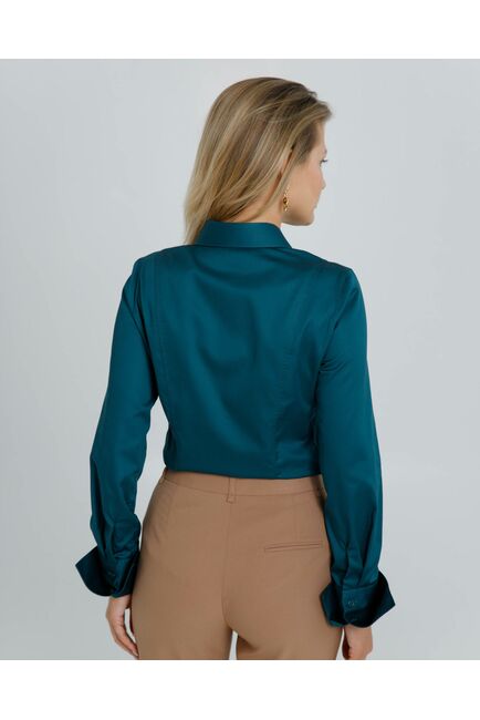 Женская рубашка приталенная под пуговицы в бутылочном цвете из хлопка сатинового плетения - 8603 от byME 