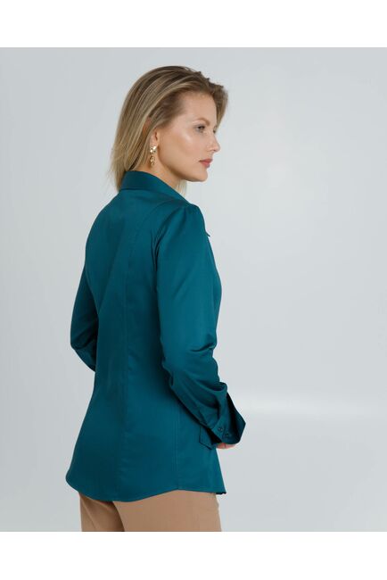 Женская рубашка приталенная под пуговицы в бутылочном цвете из хлопка сатинового плетения - 8603 от byME 