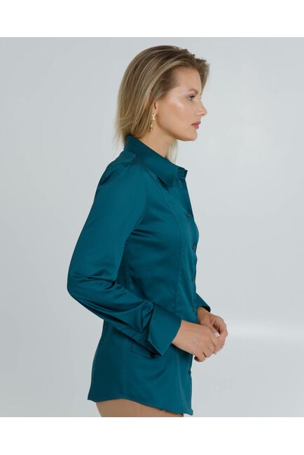 Женская рубашка приталенная под пуговицы в бутылочном цвете из хлопка сатинового плетения - 8603 от byME 