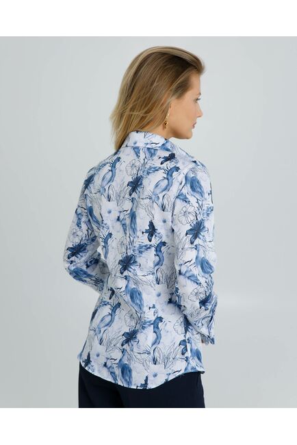 Женская рубашка полуприталенная  под запонки принт птица в цветах из шелковистого хлопка   - 8617 от byME 