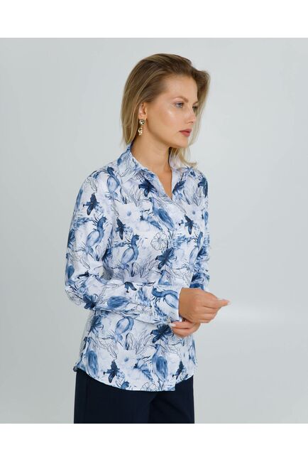Женская рубашка полуприталенная  под запонки принт птица в цветах из шелковистого хлопка   - 8617 от byME 