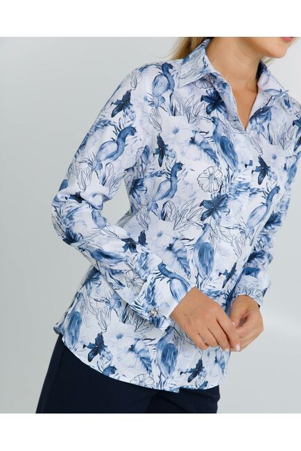 Женская рубашка полуприталенная  под запонки принт птица в цветах из шелковистого хлопка   - 8617 от byME 