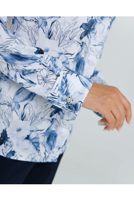 Женская рубашка полуприталенная  под запонки принт птица в цветах из шелковистого хлопка   - 8617 от byME 