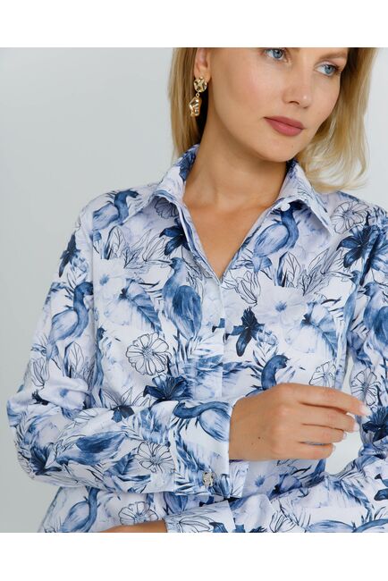 Женская рубашка полуприталенная  под запонки принт птица в цветах из шелковистого хлопка   - 8617 от byME 