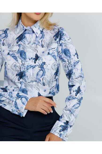 Женская рубашка полуприталенная  под запонки принт птица в цветах из шелковистого хлопка   - 8617 от byME 