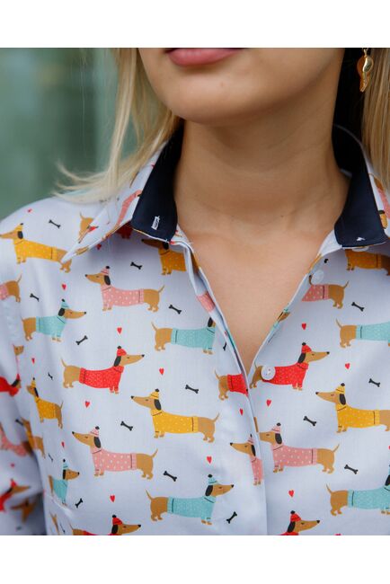 Женская рубашка под пуговицы с супатной застежкой полуприталенная принт таксы в шляпках   8625 от byME 