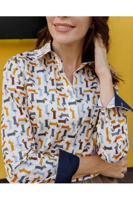 Женская рубашка под пуговицы с супатной застежкой полуприталенная с отделкой принт - 7949 от DoubleCuff 