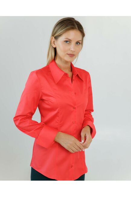 Женская рубашка приталенная под пуговицы в коралловом цвете из хлопка сатинового плетения - 8602 от ByME 