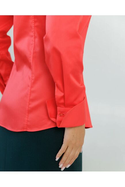Женская рубашка приталенная под пуговицы в коралловом цвете из хлопка сатинового плетения - 8602 от ByME 