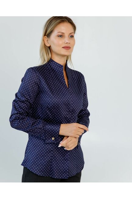 Женская рубашка под запонки воротник стойка синяя в белый горошек- 8607 от byME 