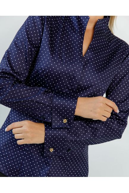 Женская рубашка под запонки воротник стойка синяя в белый горошек- 8607 от byME 