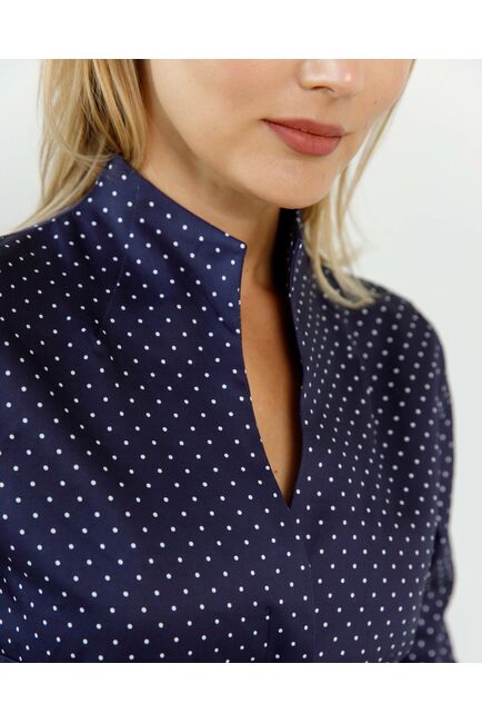 Женская рубашка под запонки воротник стойка синяя в белый горошек- 8607 от byME 