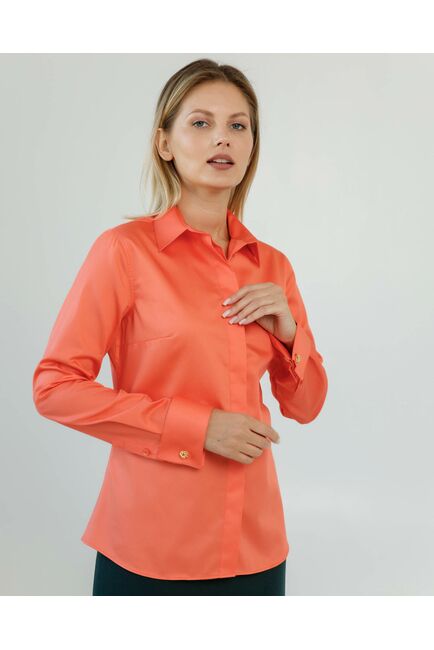 Женская рубашка полуприталенная под запонки в оранжевом цвете - 8619 от byME 