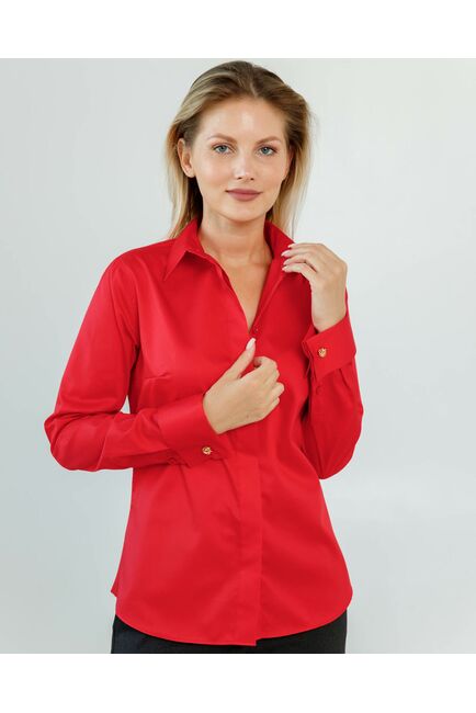 Женская рубашка полуприталенная под запонки красного цвета - 8620 от byME 