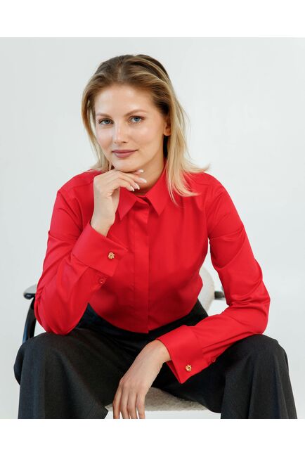 Женская рубашка полуприталенная под запонки красного цвета - 8620 от byME 