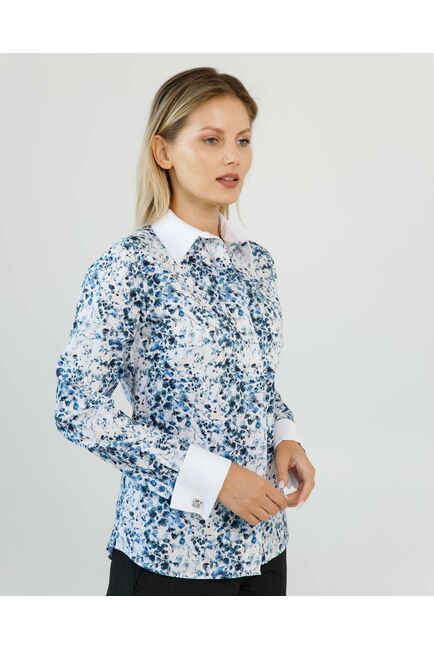 Женская рубашка с манжетой под запонки полуприталенного силуэта принт акварель в синем- 8621 от byME 