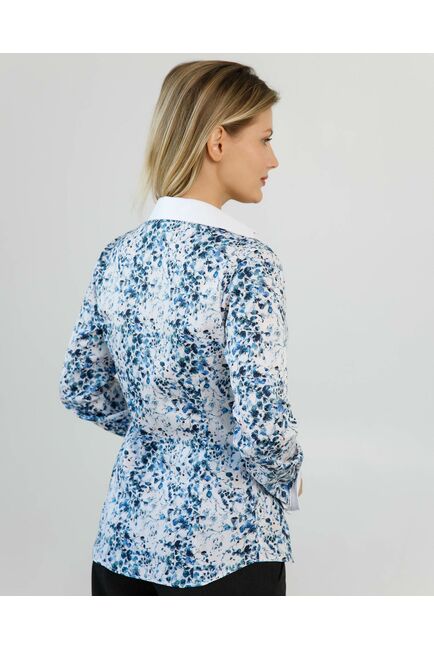 Женская рубашка с манжетой под запонки полуприталенного силуэта принт акварель в синем- 8621 от byME 