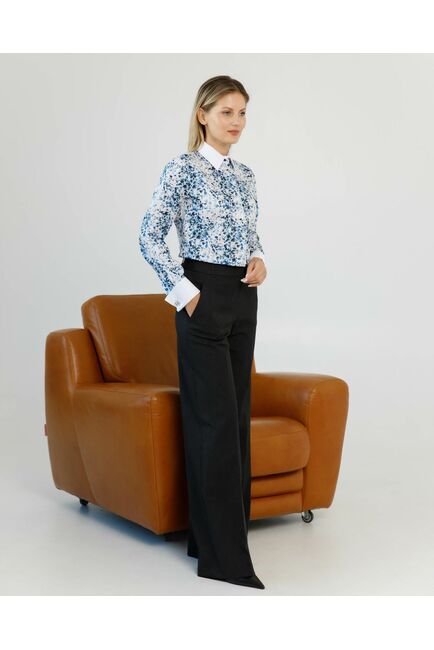 Женская рубашка с манжетой под запонки полуприталенного силуэта принт акварель в синем- 8621 от byME 