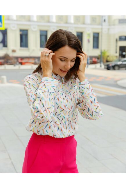 Женская рубашка из хлопка сатинового плетения принт перья с пуговицами на рукавах- 8635 от ByME 