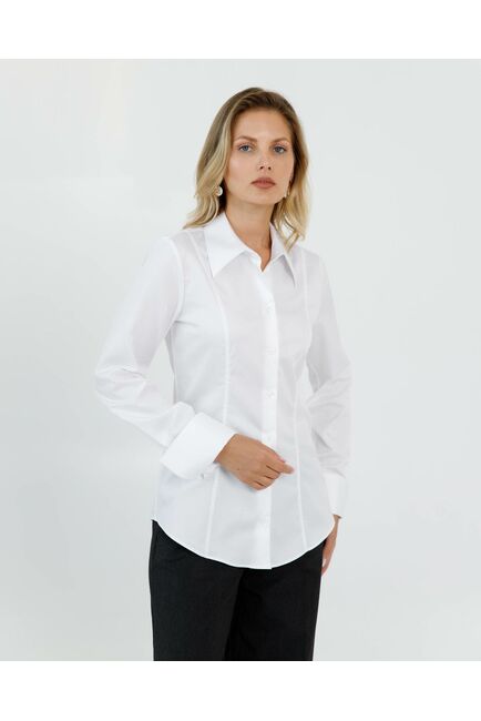 Женская рубашка приталенная под пуговицы белая из хлопка сатинового плетения - 8639 от byME 