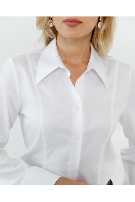 Женская рубашка приталенная под пуговицы белая из хлопка сатинового плетения - 8639 от byME 