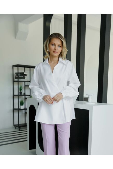 Женская рубашка на запа́х с поясом белая  - 8641 от byME 