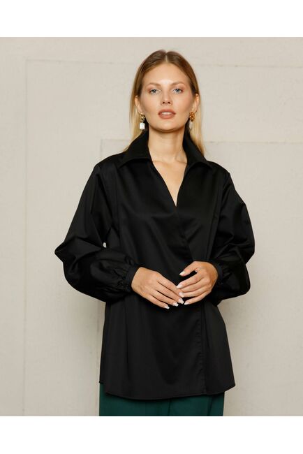 Женская рубашка на запа́х с поясом черная - 8642 от byME 