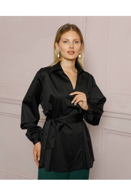 Женская рубашка на запа́х с поясом черная - 8642 от byME 