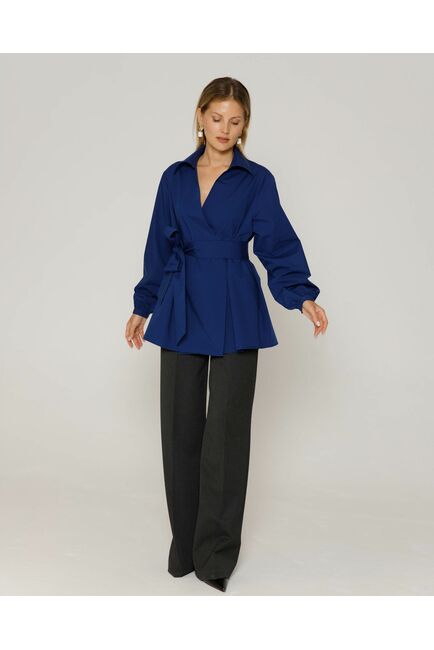 Женская рубашка на запа́х с поясом синяя - 8643 от byME 