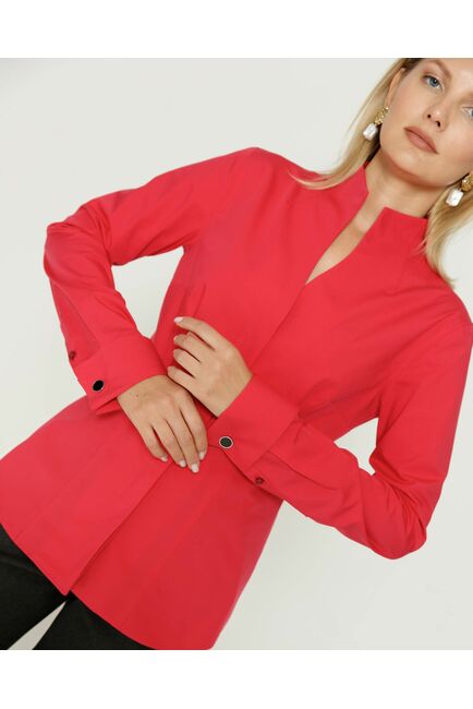 Женская рубашка под запонку воротник стойка красная - 8644 от byME 