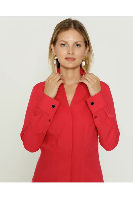Женская рубашка под запонку воротник стойка красная - 8644 от byME 