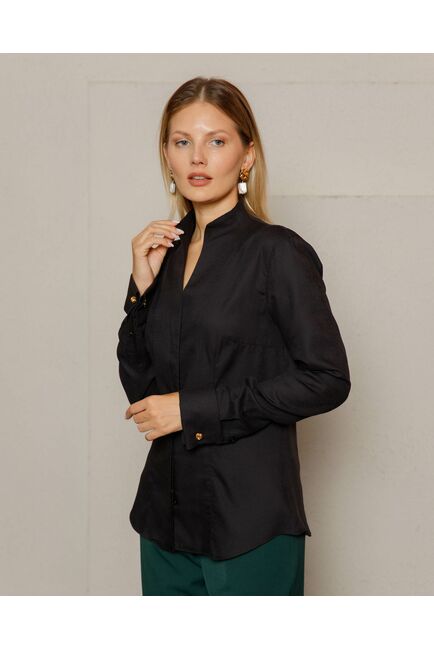 Рубашка черная под запонку воротник стойка - 8645 от byME 