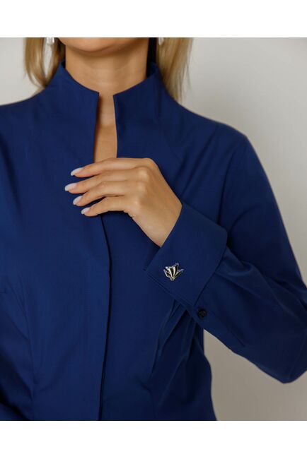 Женская рубашка под запонку воротник стойка  в темно-синем цвете - 8646 от byME 