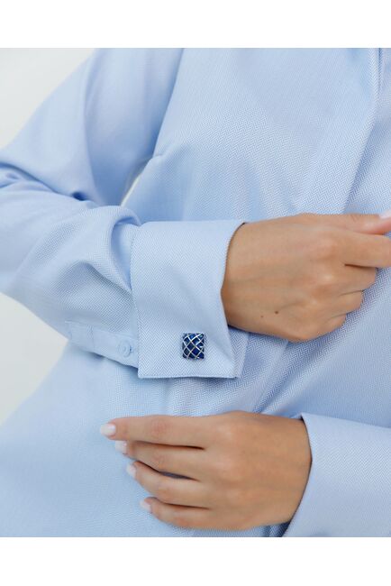 Женская рубашка голубая под запонку с супатной застежкой с отделкой-8662 от byME 