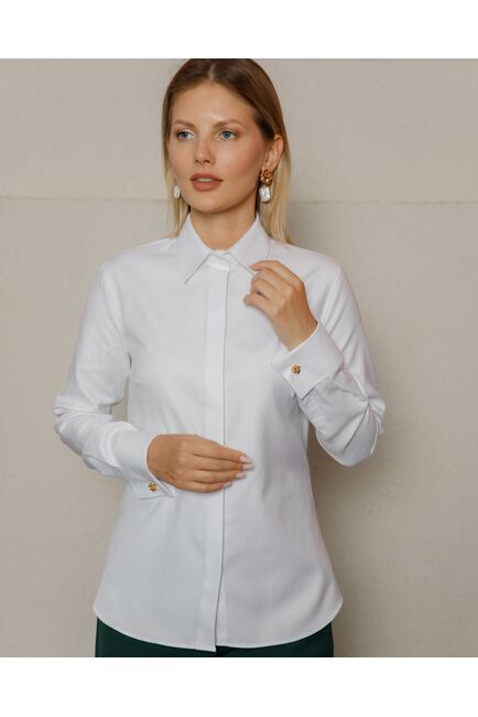 Женская рубашка под запонку полуприталенная белая из фактурной ткани - 8487 от byME 