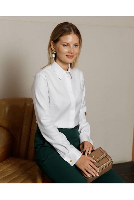 Женская рубашка под запонку полуприталенная белая из фактурной ткани - 8487 от byME 