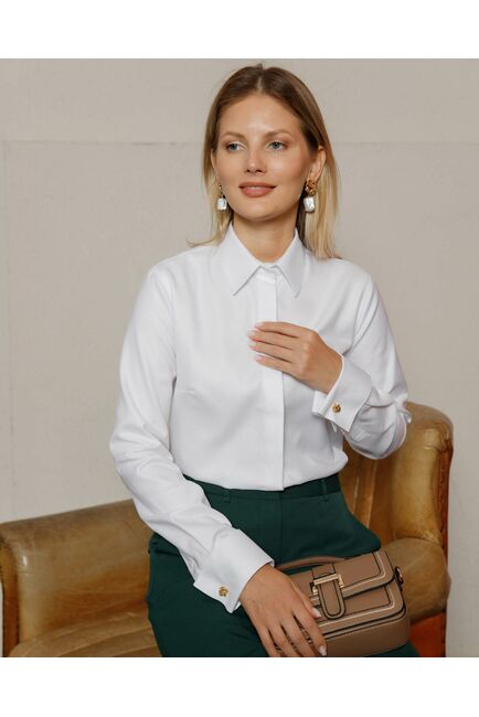 Женская рубашка под запонку полуприталенная белая из фактурной ткани - 8487 от byME 