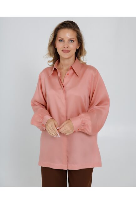 Женская рубашка под пуговицу персиковая в прямом силуэте - 8522 от byME 