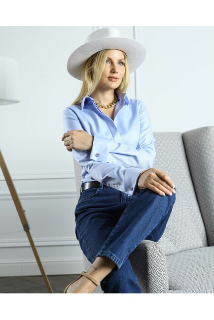 Женская рубашка из хлопка под запонку голубая фактура твилл - 8590 от byME 