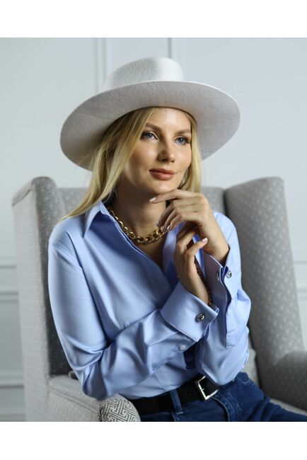 Женская рубашка из хлопка под запонку голубая фактура твилл - 8590 от byME 