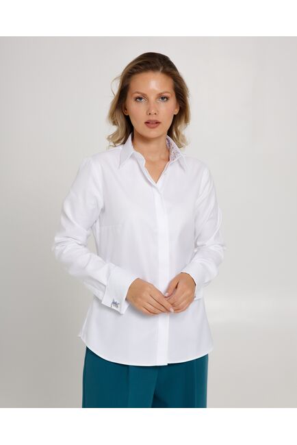 Женская рубашка  белая под запонку с супатной застежкой с отделкой-8659 от byME 