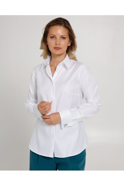 Женская рубашка  белая под запонку с супатной застежкой с отделкой-8659 от byME 
