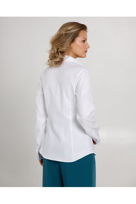 Женская рубашка  белая под запонку с супатной застежкой с отделкой-8659 от byME 