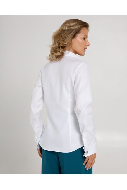Женская рубашка  белая под запонку с супатной застежкой с отделкой-8659 от byME 