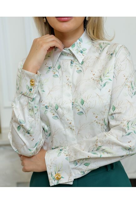Женская рубашка из хлопа под запонки с принтом зеленые и золотистые веточки - 8719 от byME 
