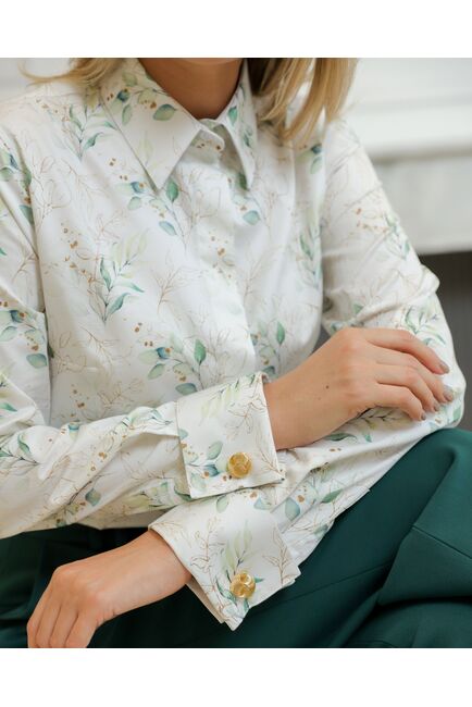Женская рубашка из хлопа под запонки с принтом зеленые и золотистые веточки - 8719 от byME 