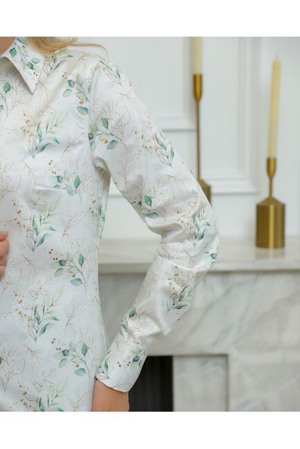 Женская рубашка из хлопа под запонки с принтом зеленые и золотистые веточки - 8719 от byME 