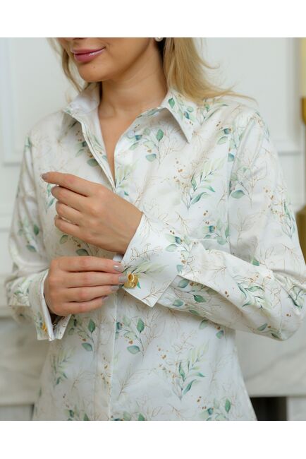 Женская рубашка из хлопа под запонки с принтом зеленые и золотистые веточки - 8719 от byME 